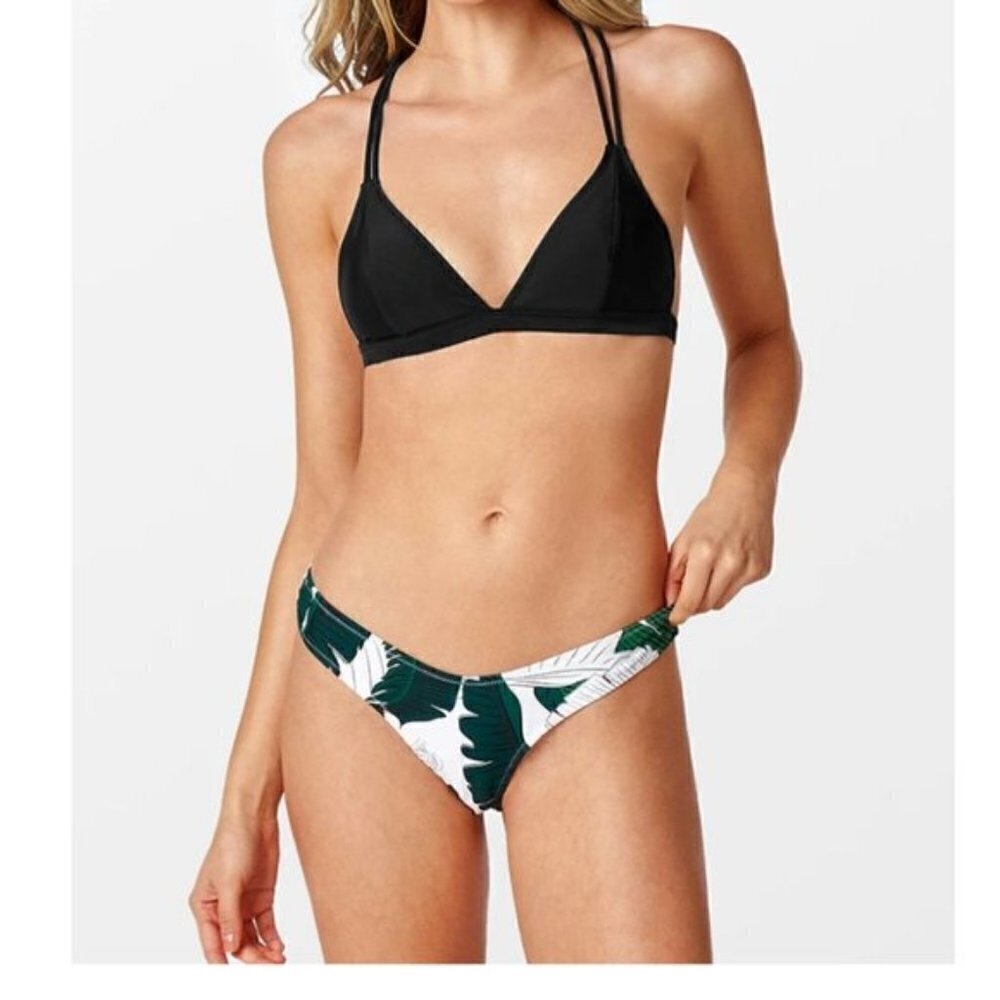 NEW Black White Green Leafy Tropical Print Bikini Swim Set Size Large